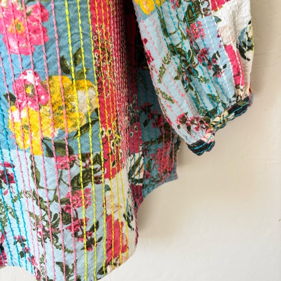 John Mark Multicolor patchwork kantha style Floral split neck 3/4 Sleeve Top - Picture 8 of 14